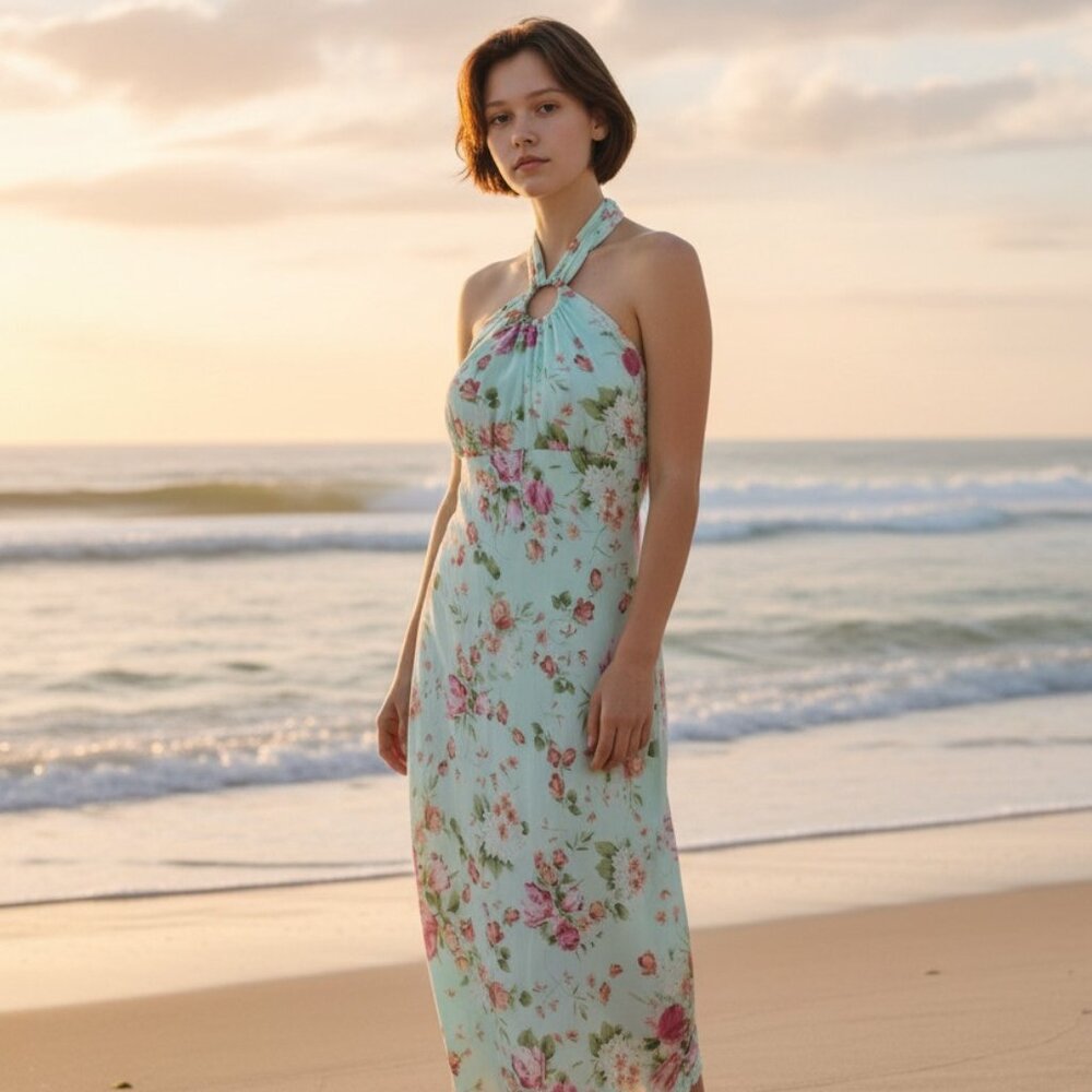 B Moss, Size 4, Dress Turquoise Y2K Fairycore Whimsical Vintage Halter Neckline - Picture 3 of 10